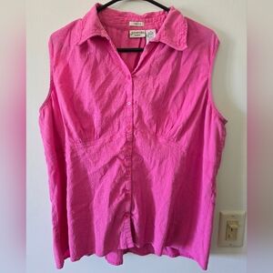 Summery Pink Button Down Cotton Sleeveless Shirt with Notched Collar